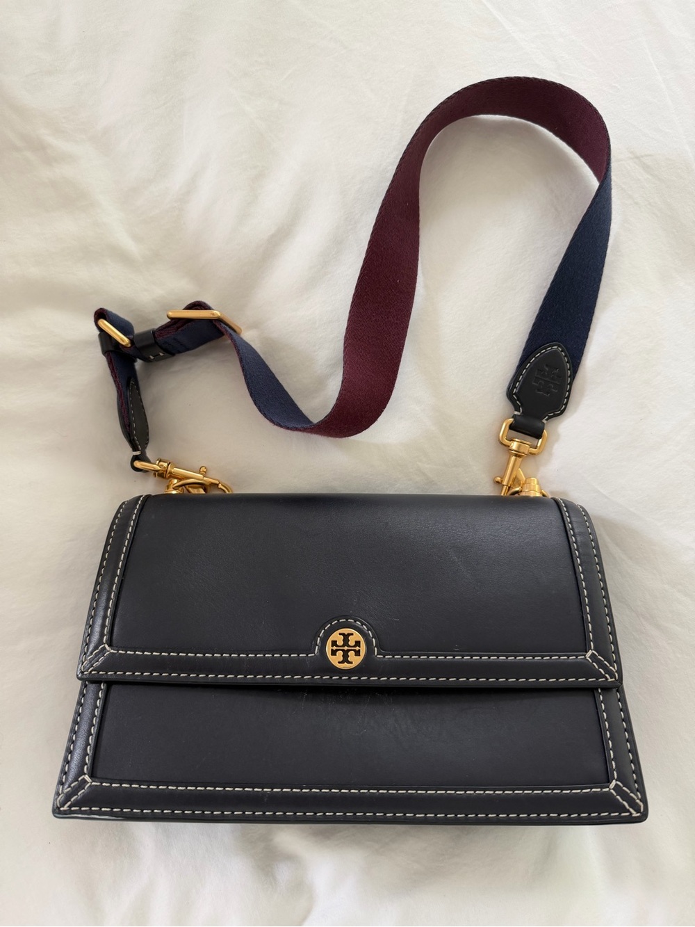 Tory Burch Navy Leather Crossbody with Navy and Burgundy Strap